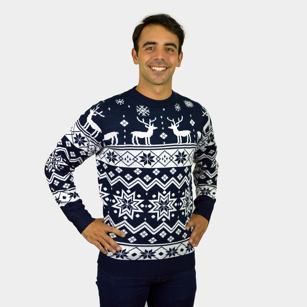 Mens Blue Couple's Christmas Jumper with Reindeers and Nordic Stars