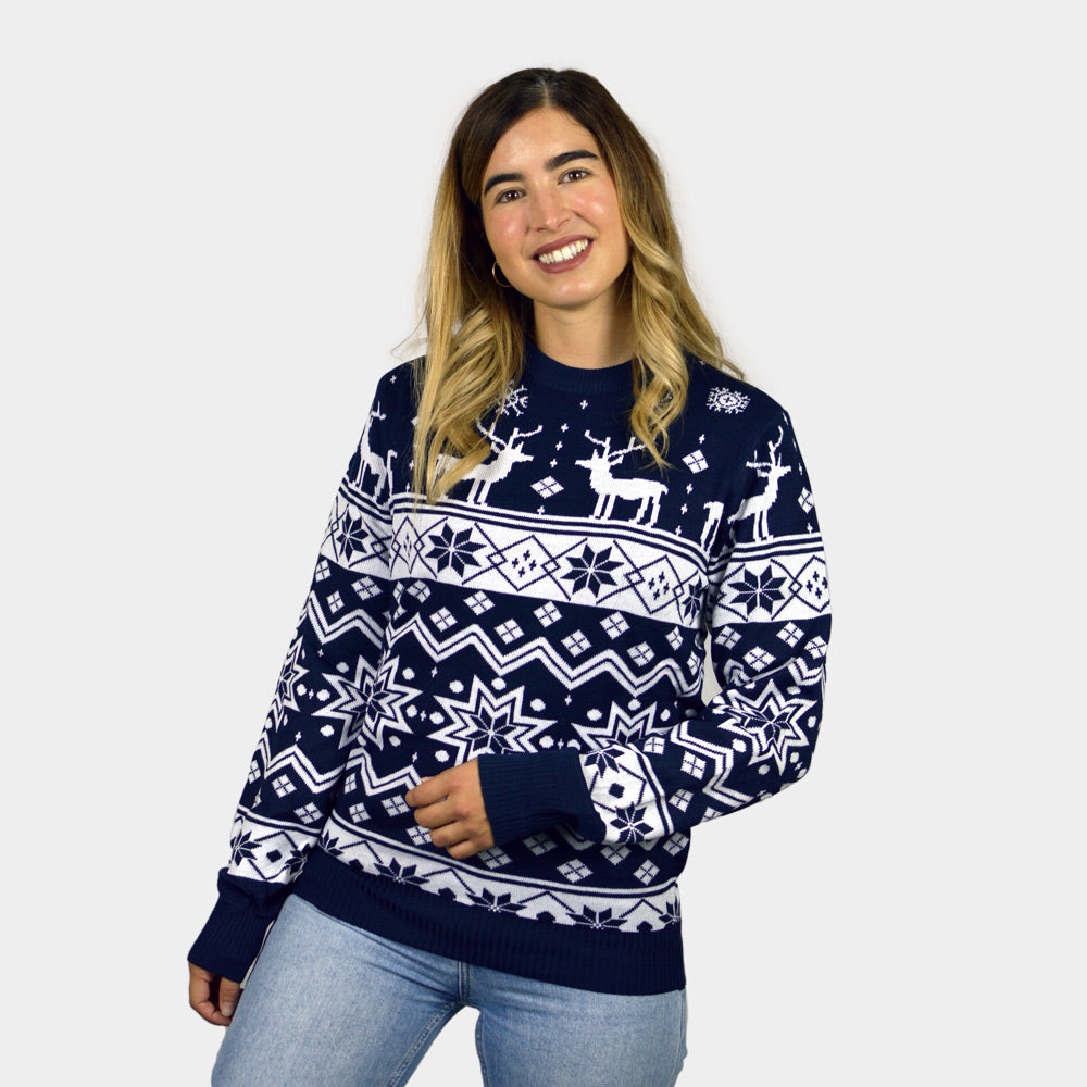 womens Blue Couple's Christmas Jumper with Reindeers and Nordic Stars