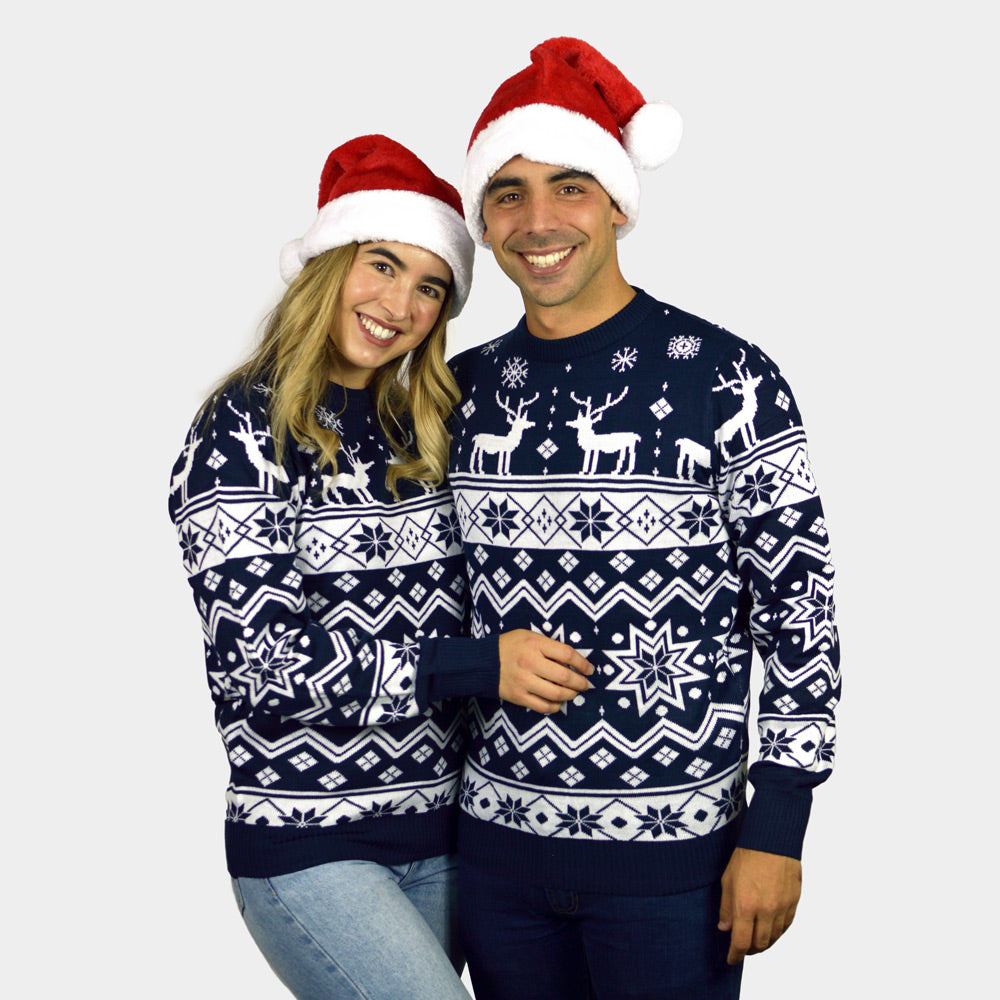 Blue Couple's Christmas Jumper with Reindeers and Nordic Stars