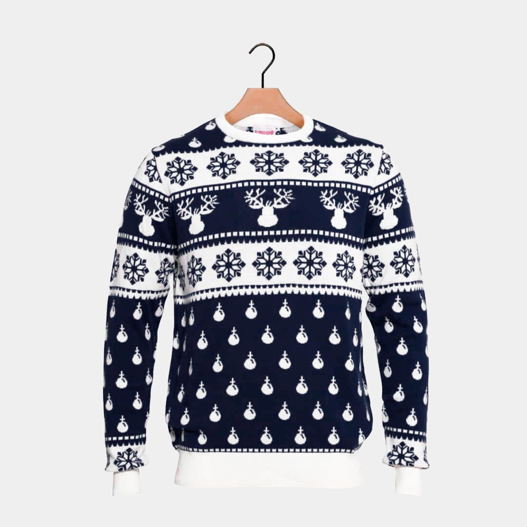 Blue Couple's Christmas Jumper with Reindeers and Snow