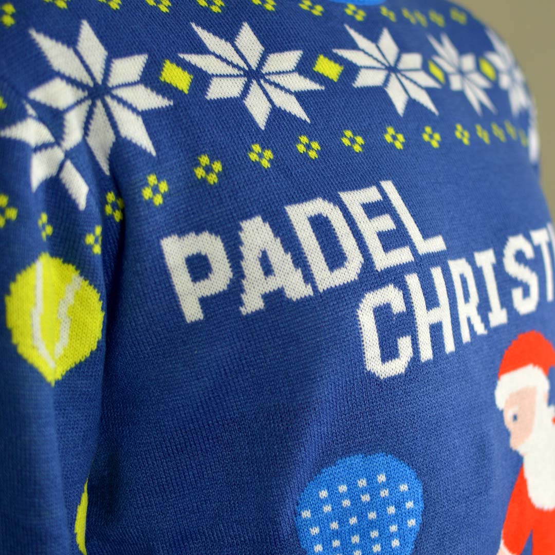 Blue Couple's Christmas Jumper with Santa playing Padel detail