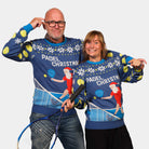 Blue Couple's Christmas Jumper with Santa playing Padel