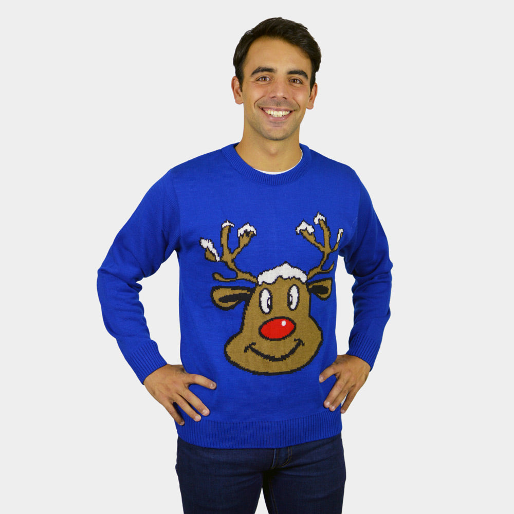 Blue Couple's Christmas Jumper with Smiling Reindeer mens