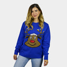 Blue Couple's Christmas Jumper with Smiling Reindeer womens