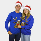 Blue Couple's Christmas Jumper with Smiling Reindeer