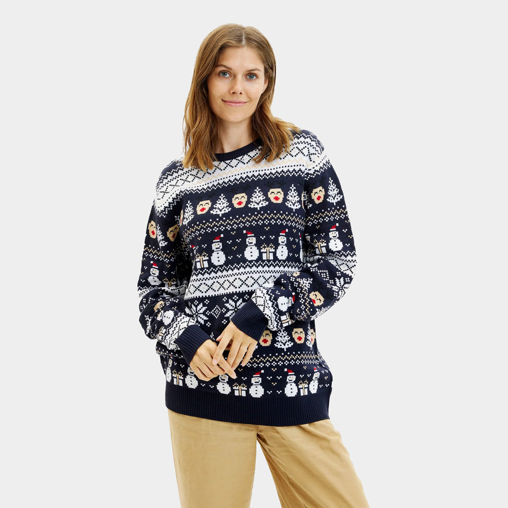 Blue Couple's Christmas Jumper with Snowmen and Trees Womens