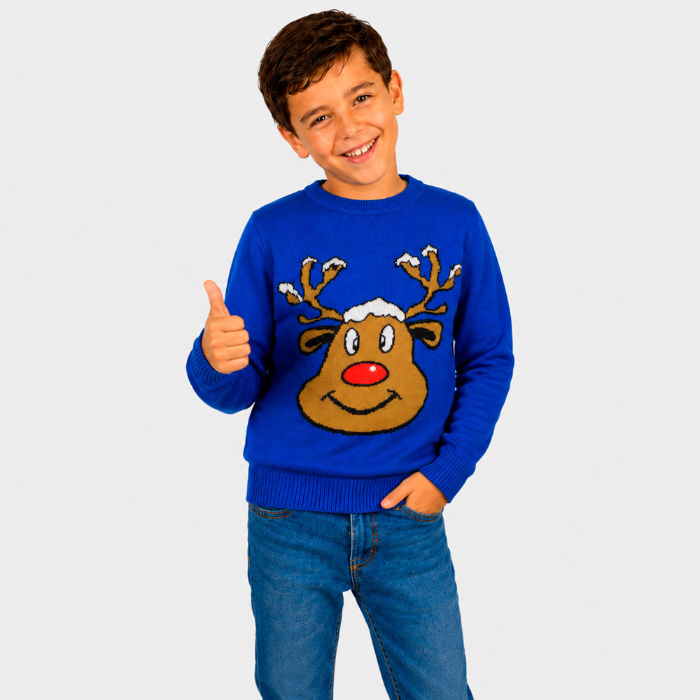 Blue Family Christmas Jumper with Smiling Reindeer Boy
