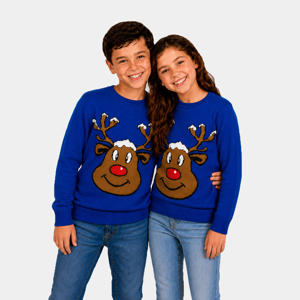 Blue Family Christmas Jumper with Smiling Reindeer Children
