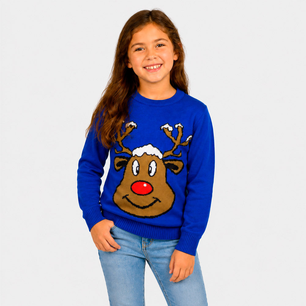 Blue Family Christmas Jumper with Smiling Reindeer Girl
