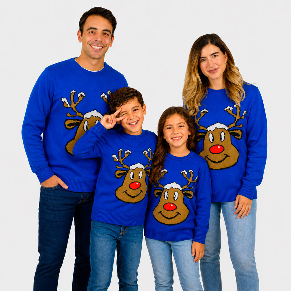 Blue Family Christmas Jumper with Smiling Reindeer
