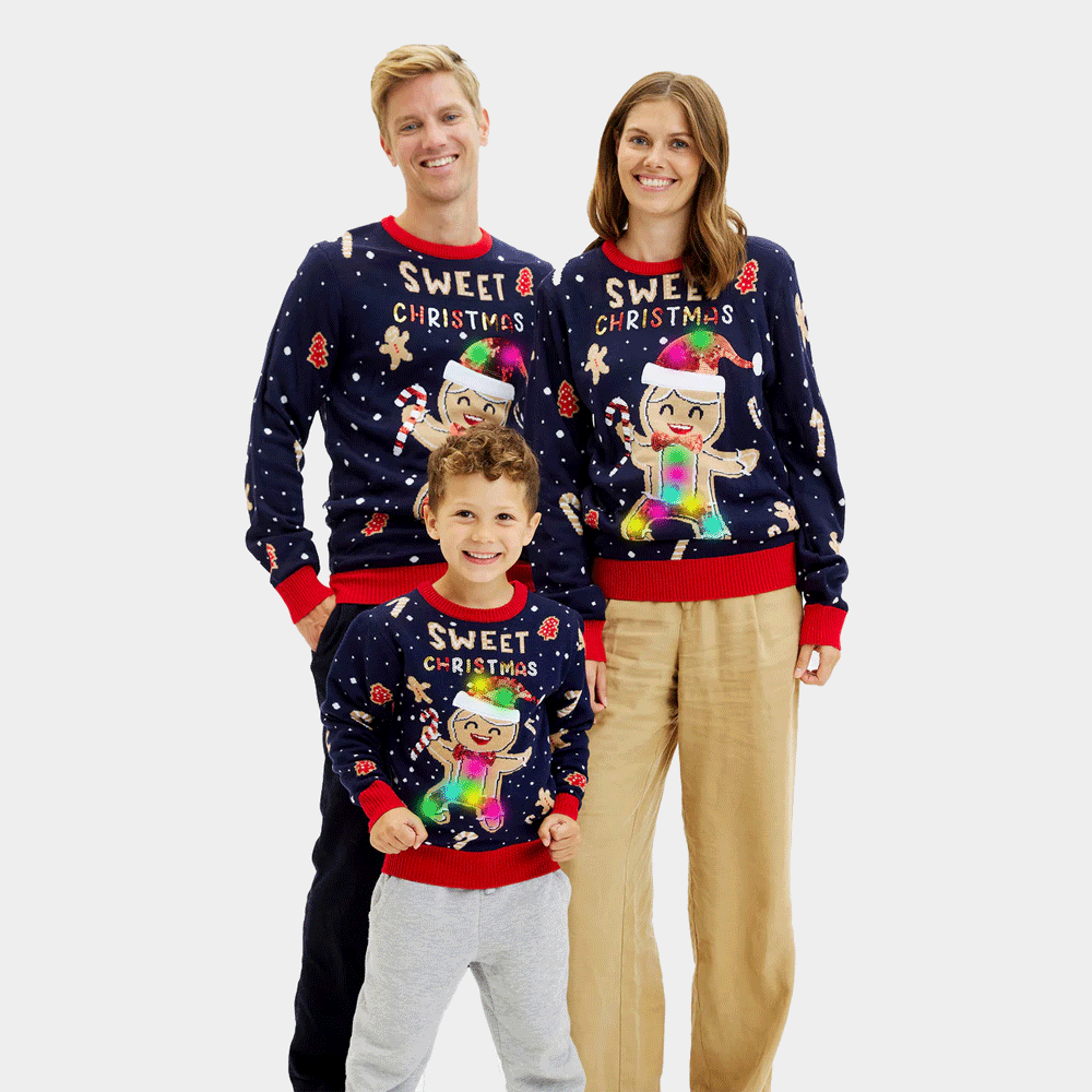 Blue LED light-up Boys Family Girls Christmas Jumper Ginger Cookie
