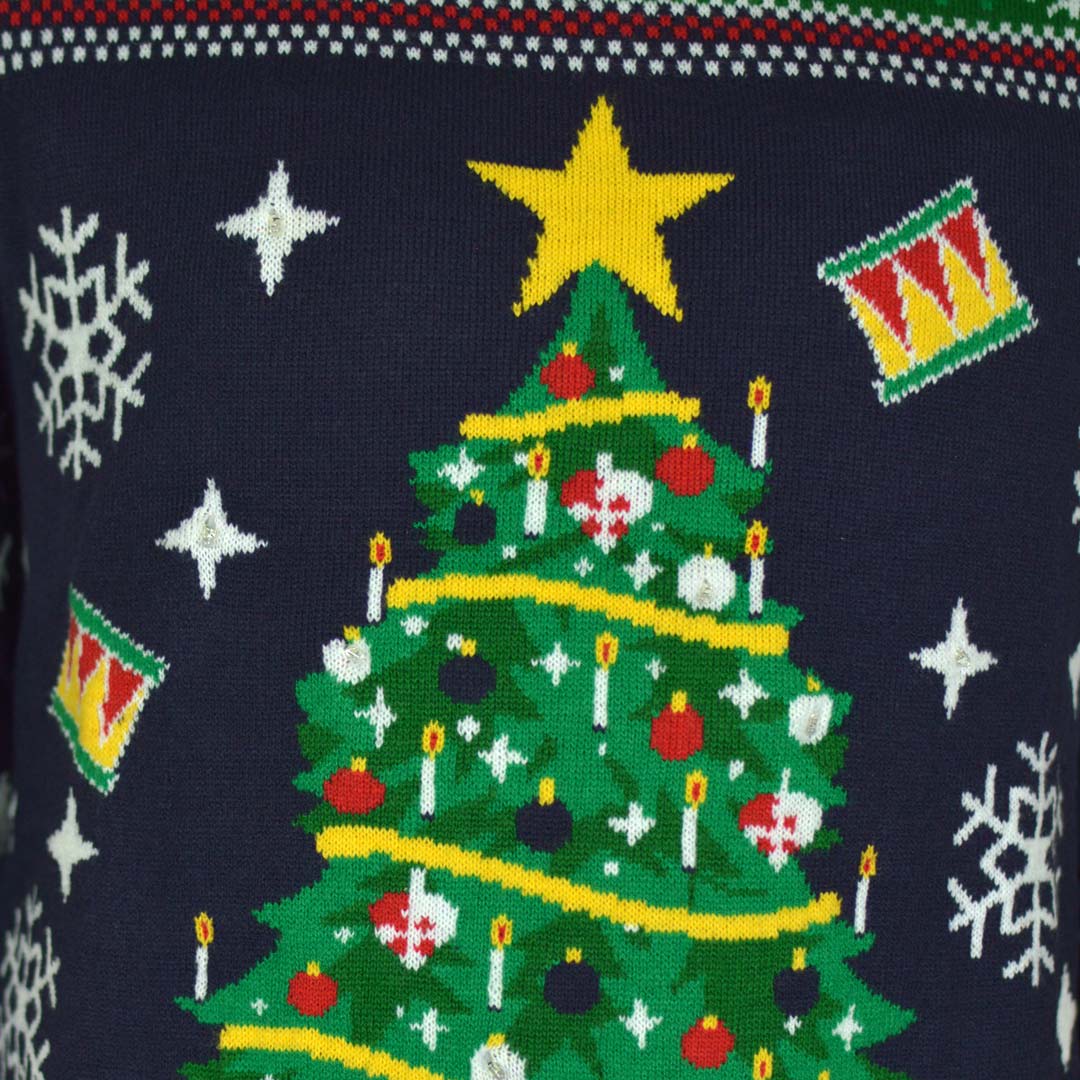 Blue LED light-up Men's Christmas Jumper with Christmas Tree detail