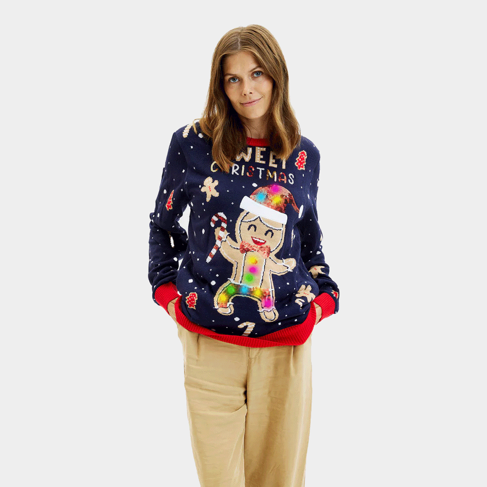 Blue LED light-up Womens Christmas Jumper Ginger Cookie
