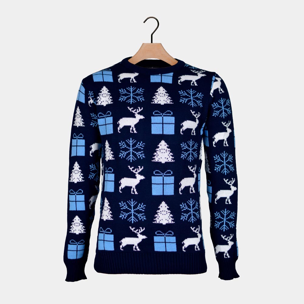 Blue Men's Christmas Jumper with Reindeers, Gifts and Trees