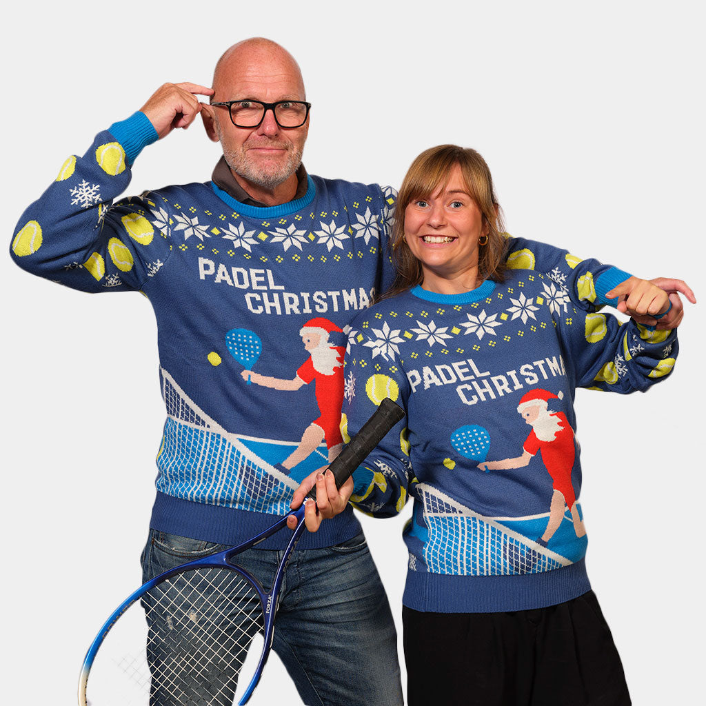 Blue Men's Christmas Jumper with Santa playing Padel womens