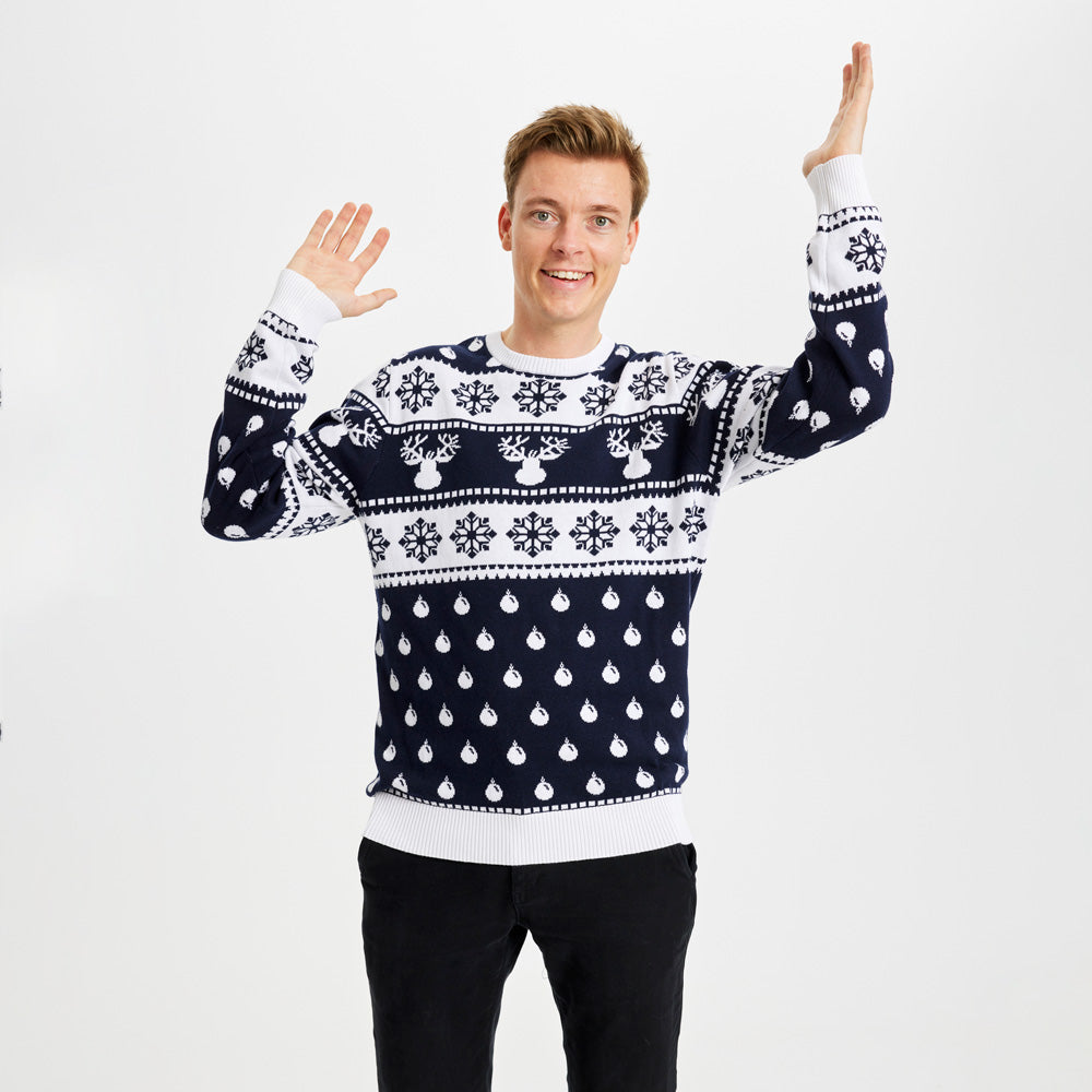 Blue Mens Christmas Jumper with Reindeers and Snow