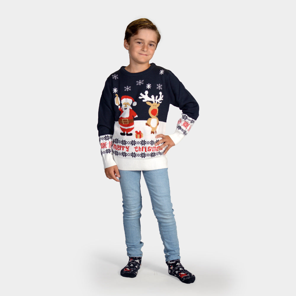 Blue Organic Cotton Boys Christmas Jumper Santa Rudolph

