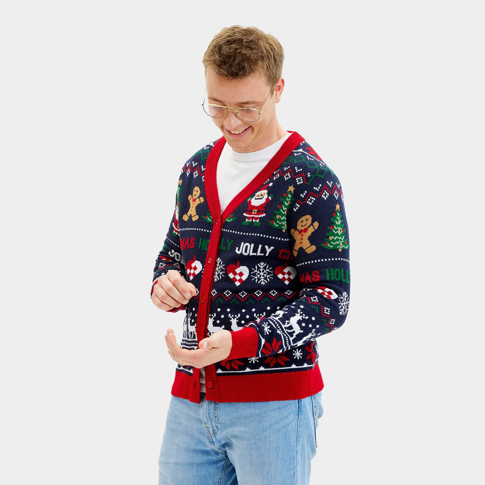 Blue and Red Cardigan Christmas Jumper Mens