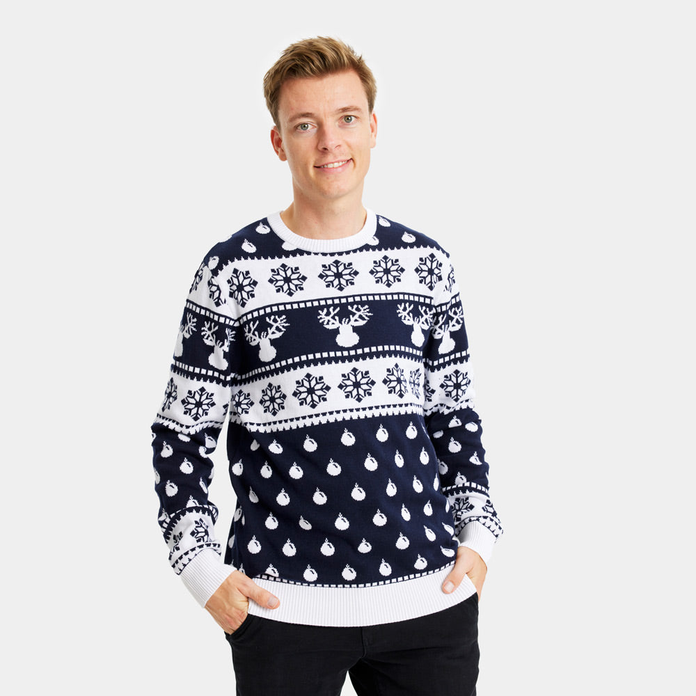 Blue Womens Christmas Jumper Mens Reindeers and Snow
