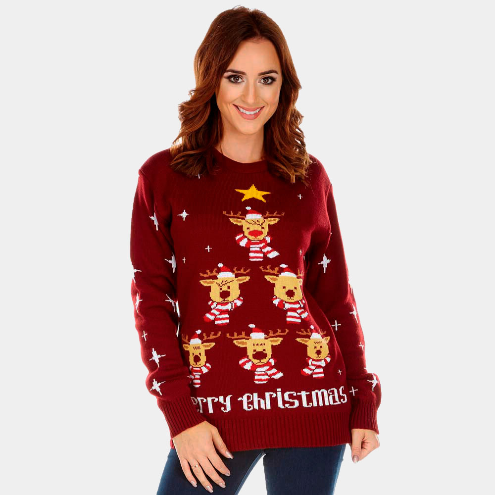 Burgundy Couple's Christmas Jumper with Reindeers, Christmas Tree and Star womens