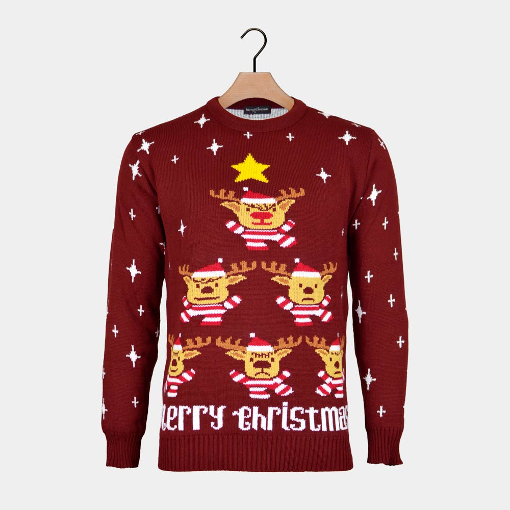 Burgundy Couple's Christmas Jumper with Reindeers, Christmas Tree and Star