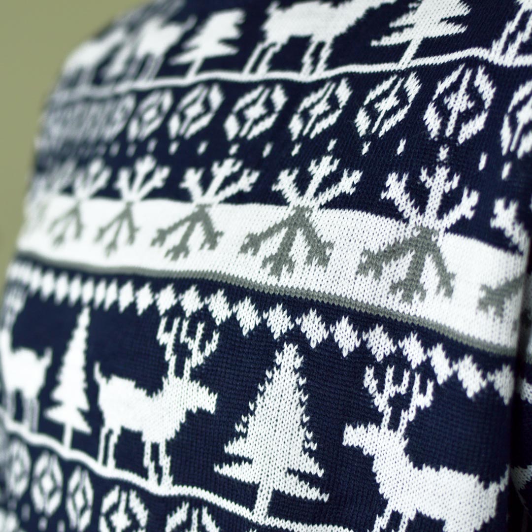 Couple's Christmas Jumper with Reindeers and Trees Strips detail