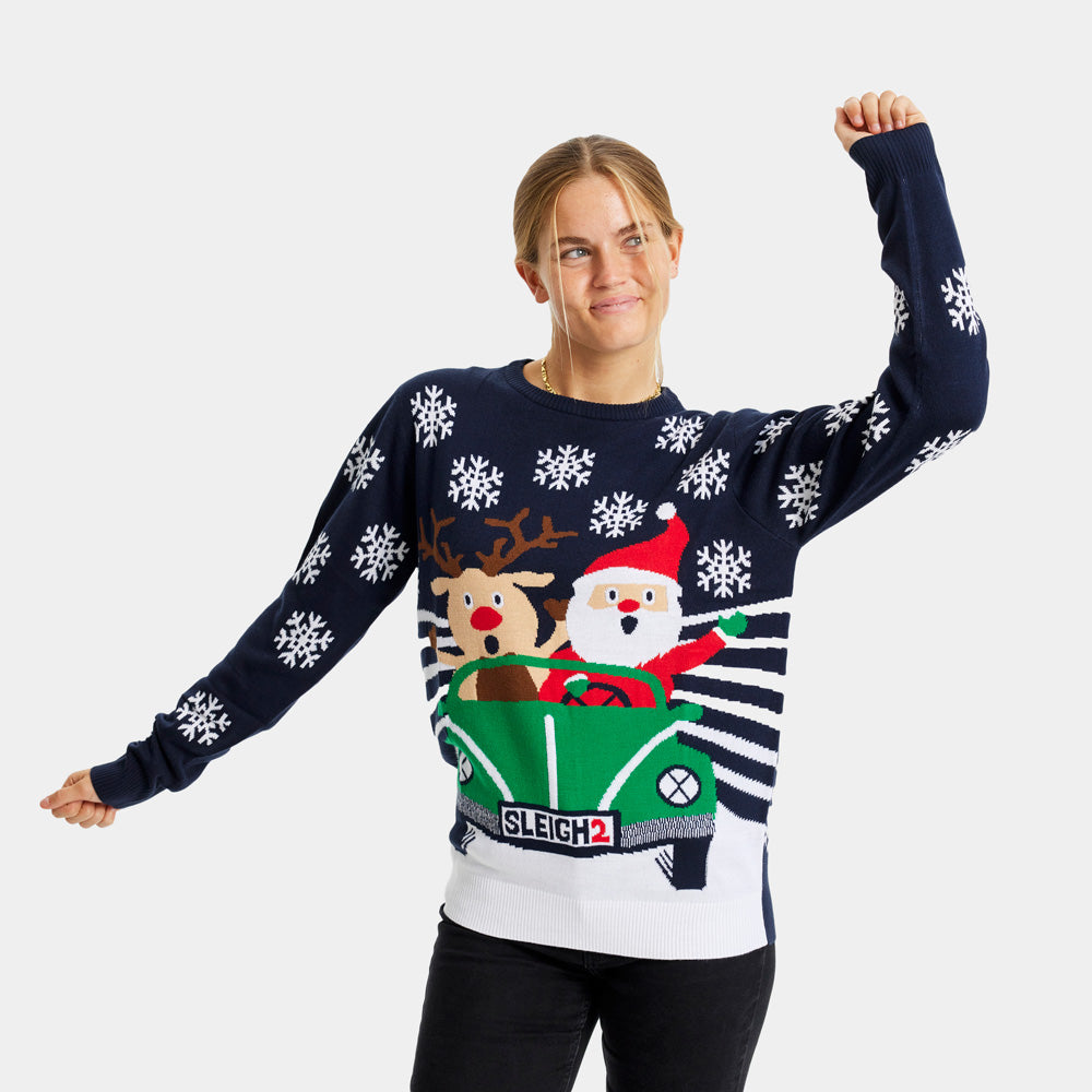 Womens Christmas Jumper with Santa and Reindeer Driving