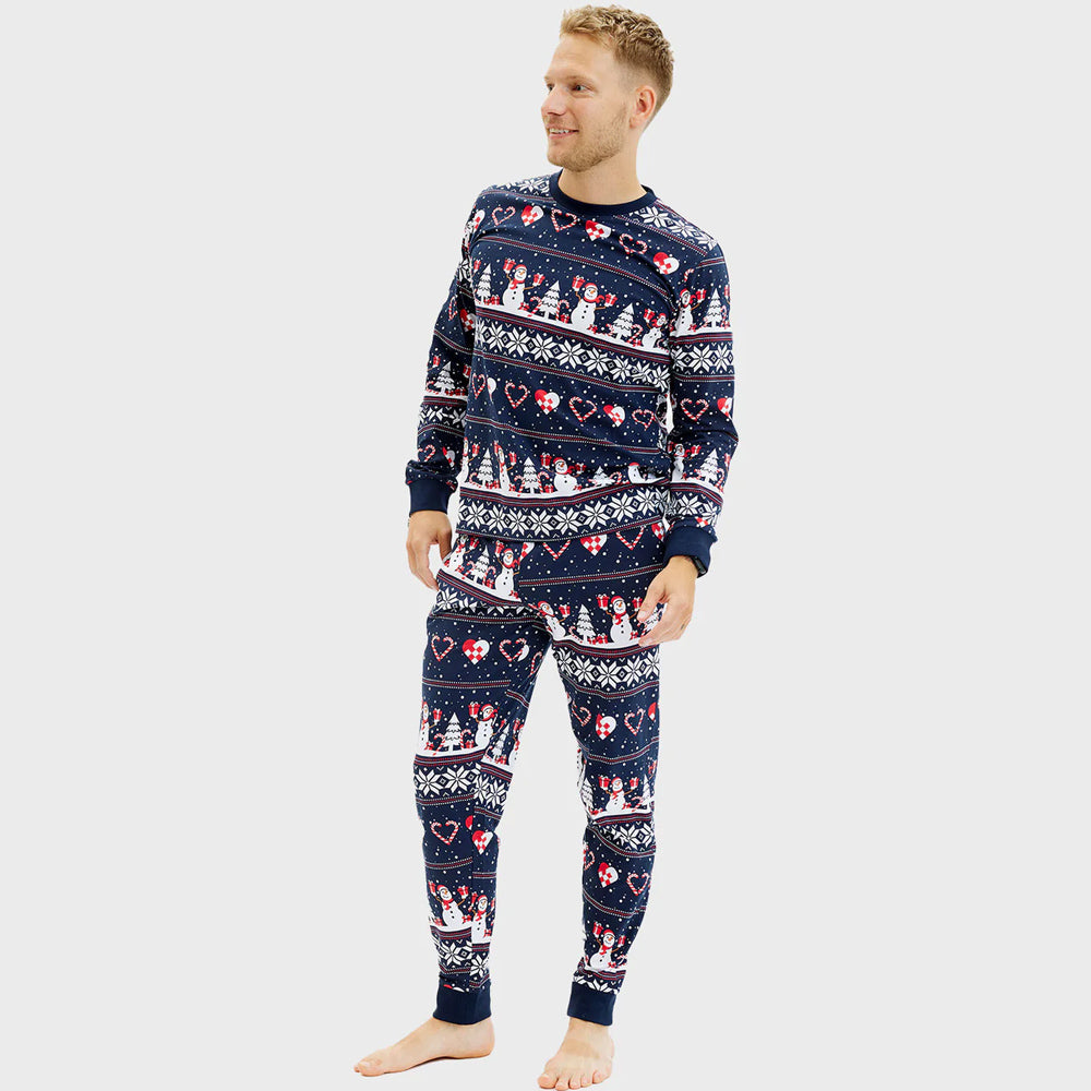 Christmas Pyjama for  Men Snowmen and Hearts Blue 
