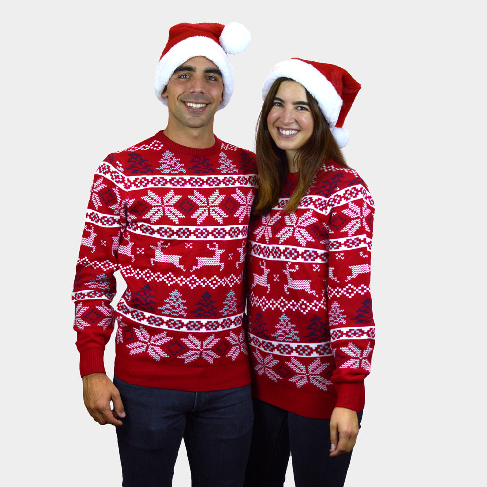 Classic Red Christmas Jumper with Polar Stars Couple