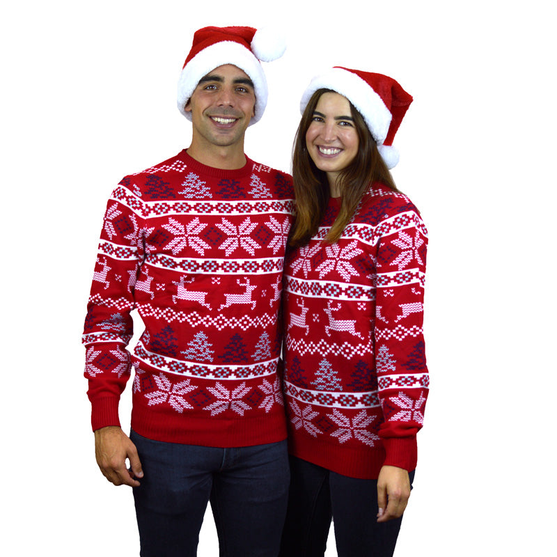 Classic Red Christmas Jumper with Polar Stars Couple