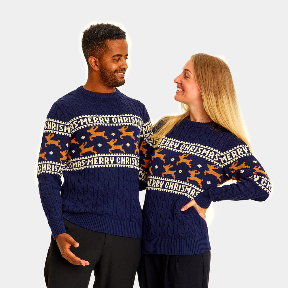 Classy Blue Organic Cotton Couple's Christmas Jumper with Reindeers