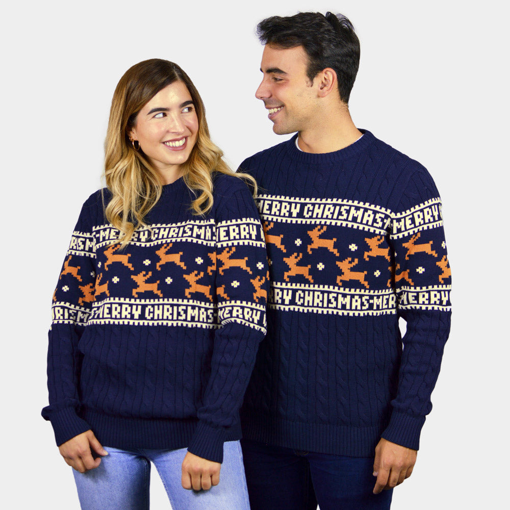 Classy Blue Organic Cotton Couple's Christmas Jumper Reindeers