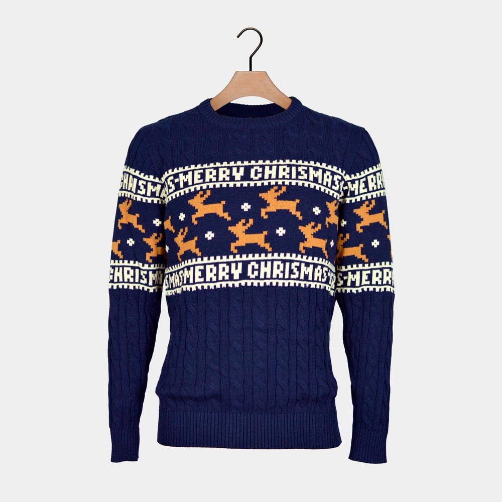 Classy Blue Organic Cotton Men's Christmas Jumper with Reindeers