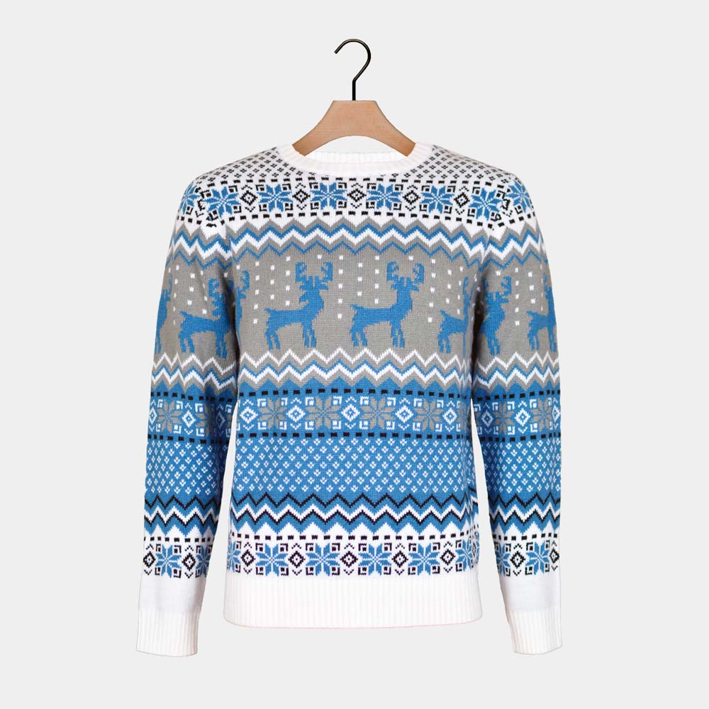 Classy White, Grey and Blue Couple's Christmas Jumper with Reindeers