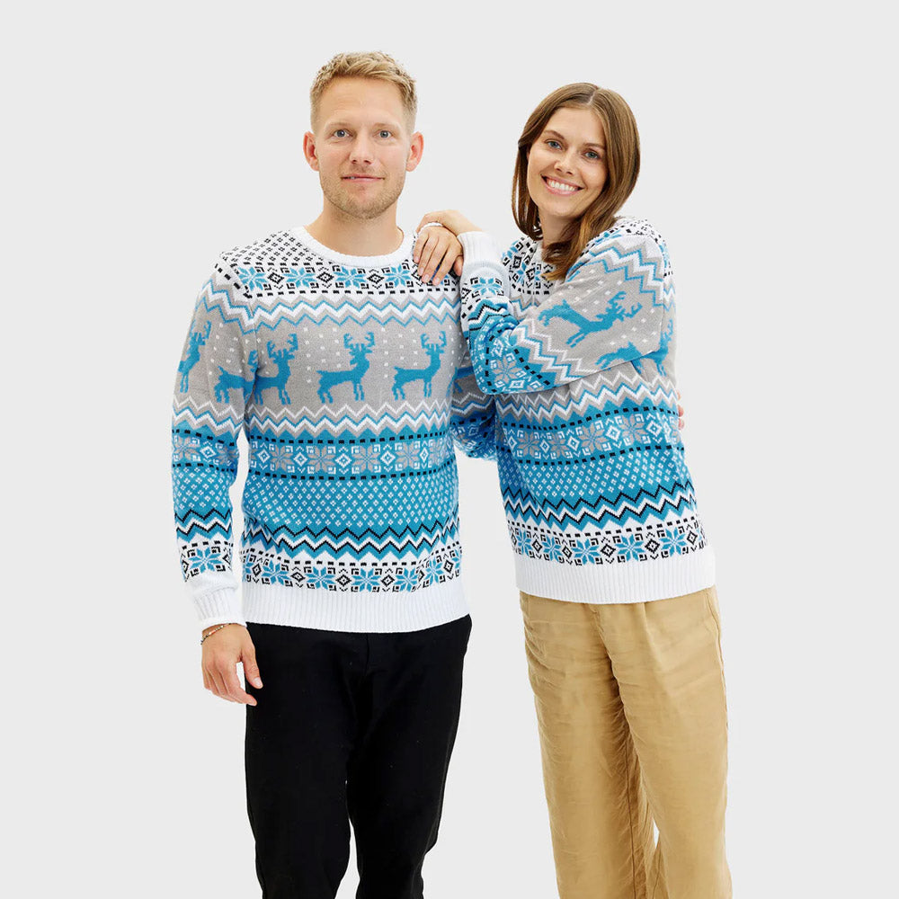 Classy White, Grey and Blue Mens Christmas Jumper Reindeers Womens

