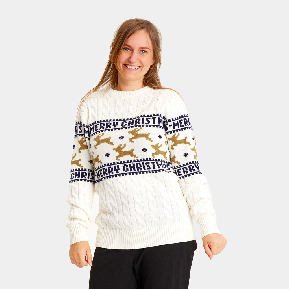 Classy White Organic Cotton Couple's Christmas Jumper with Reindeers womens