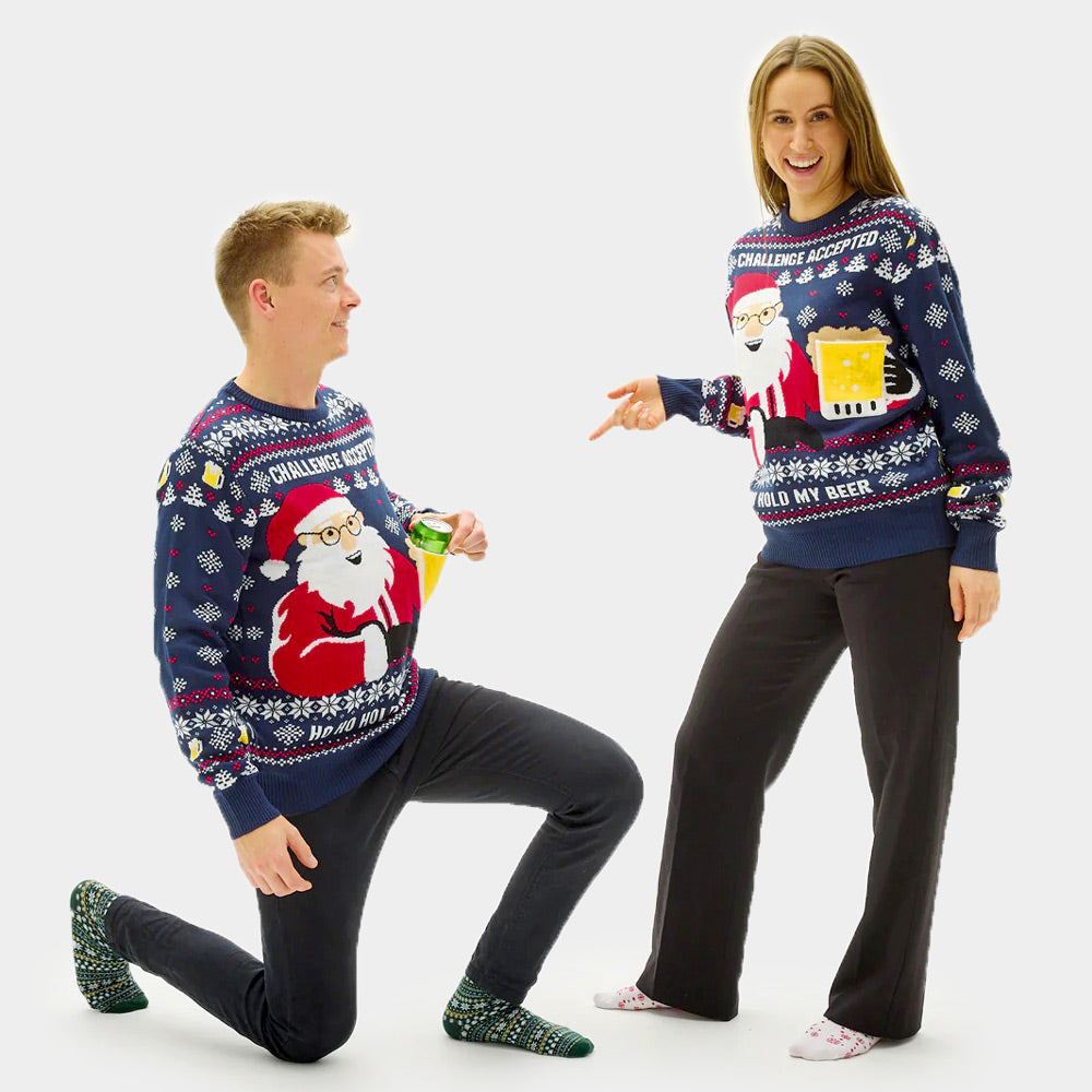 3d couple's Christmas Jumper with Beer Pocket 