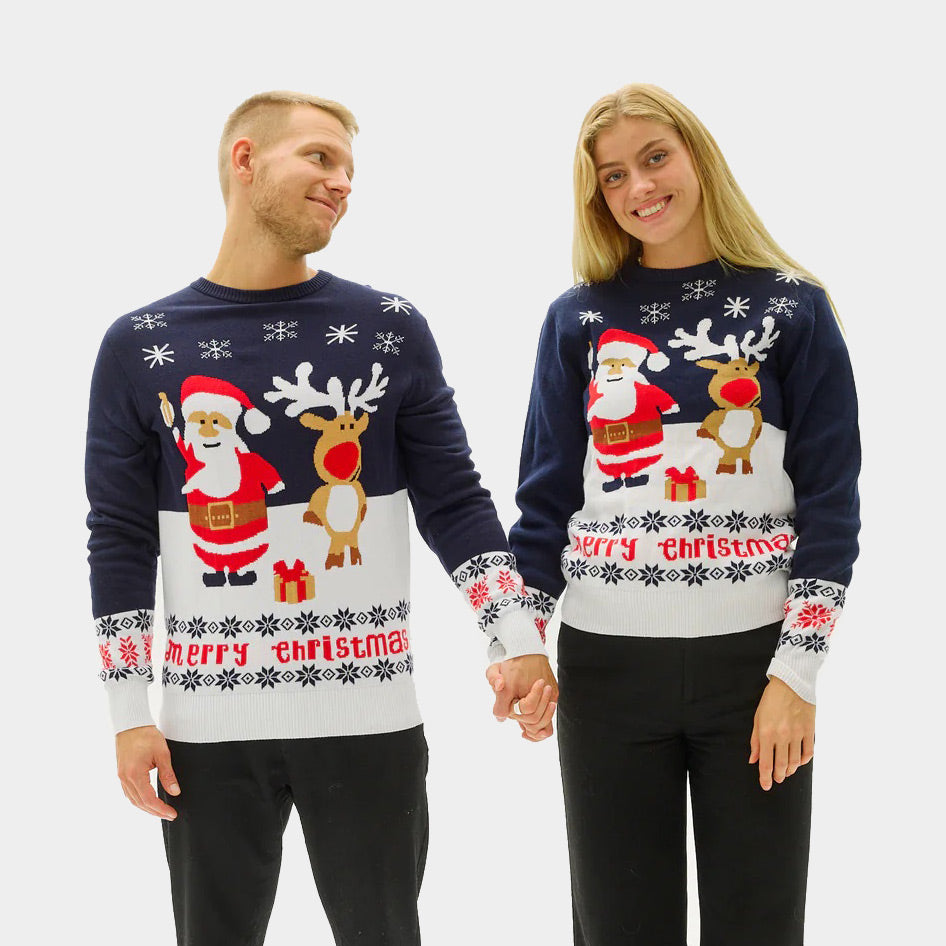 Couples Blue Boys and Girls Christmas Jumper with Santa and Rudolph
