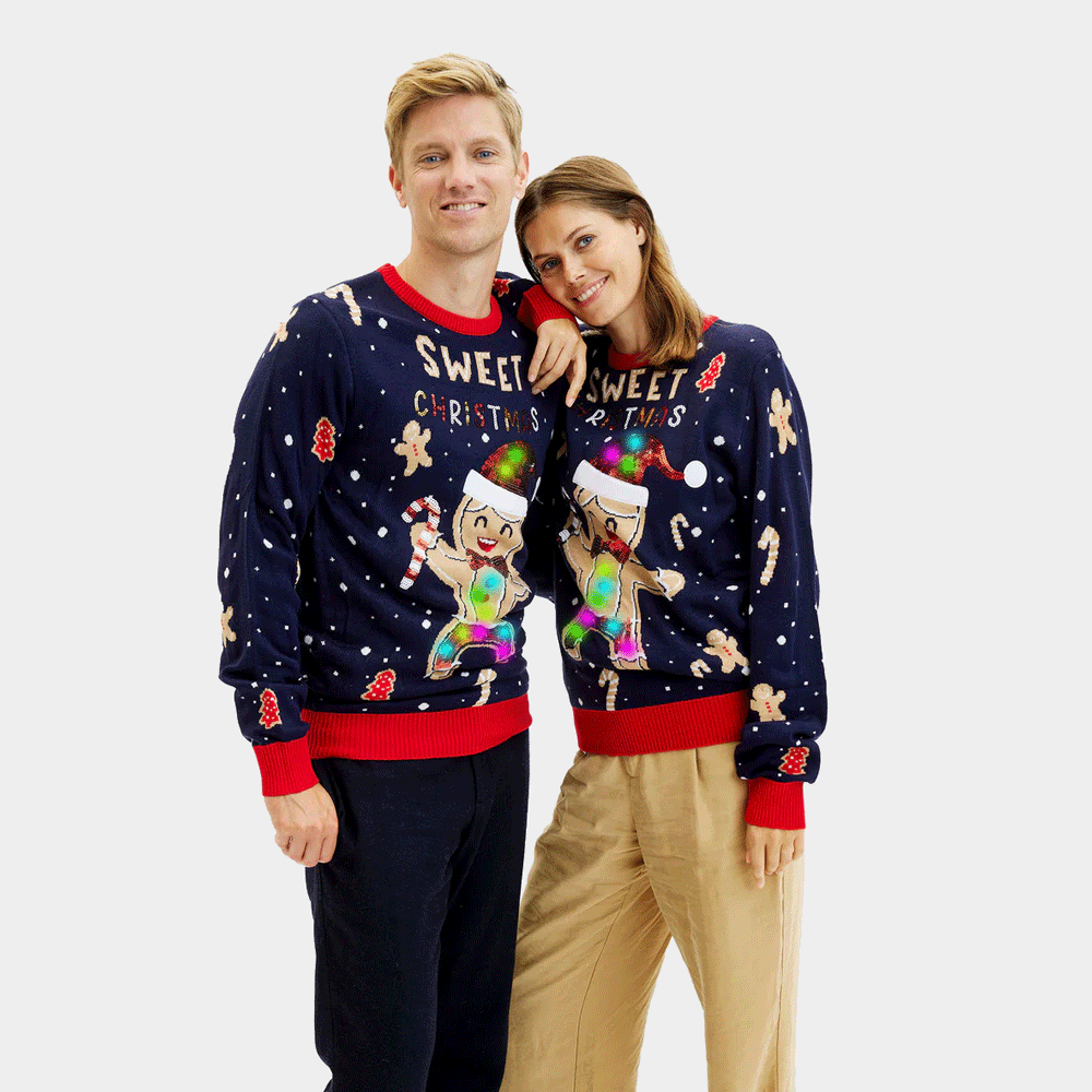 Blue LED light-up Couples Christmas Jumper Ginger Cookie
