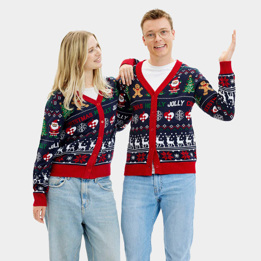 Couple's Blue and Red Cardigan Christmas Jumper