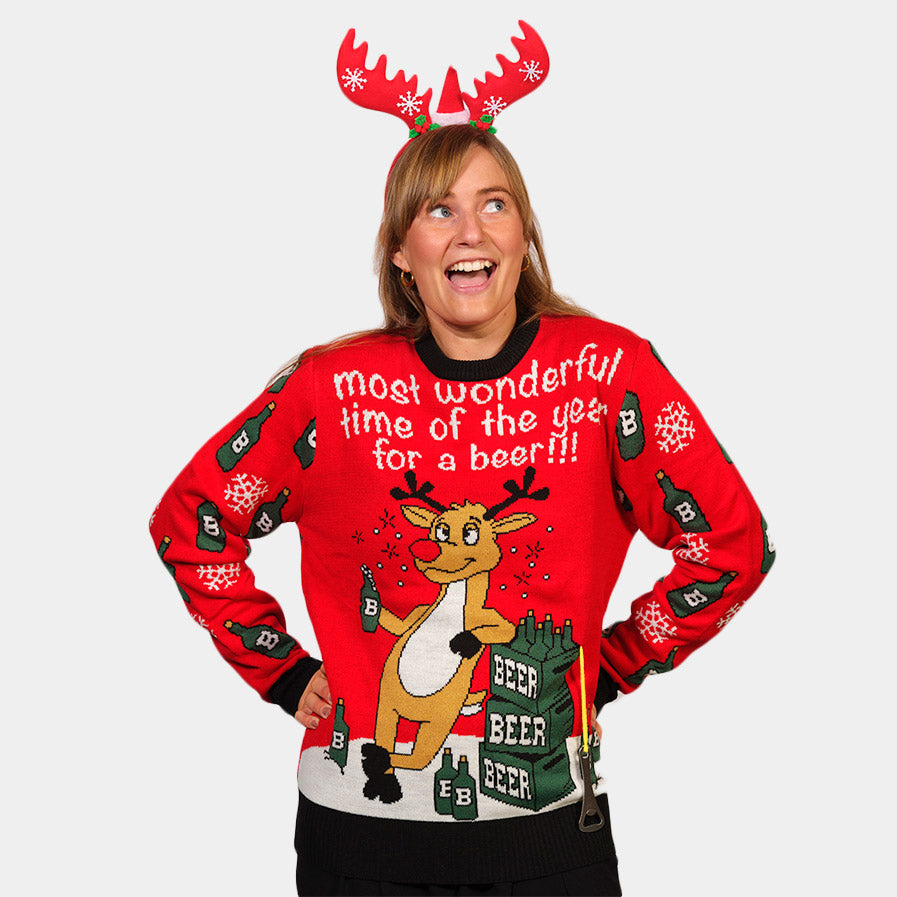 Couple's Christmas Jumper with Reindeer + Beer Opener womens