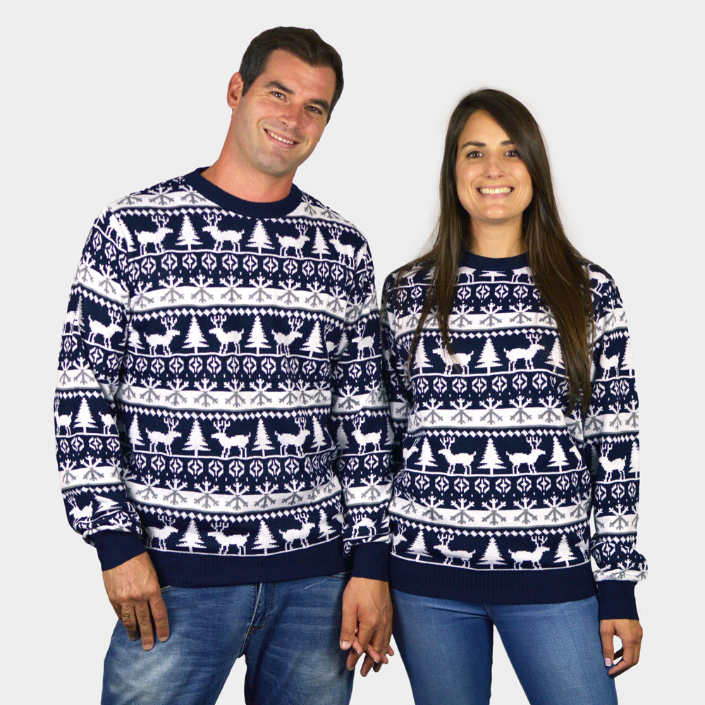 Couple's Christmas Jumper with Reindeers and Trees Strips