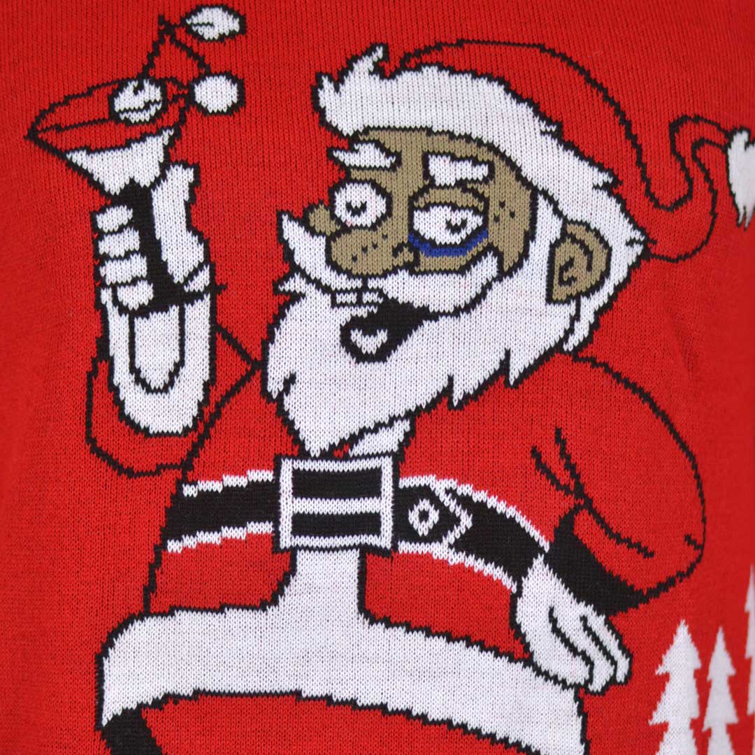 Couple's Christmas Jumper with Santa drinking a Martini detail