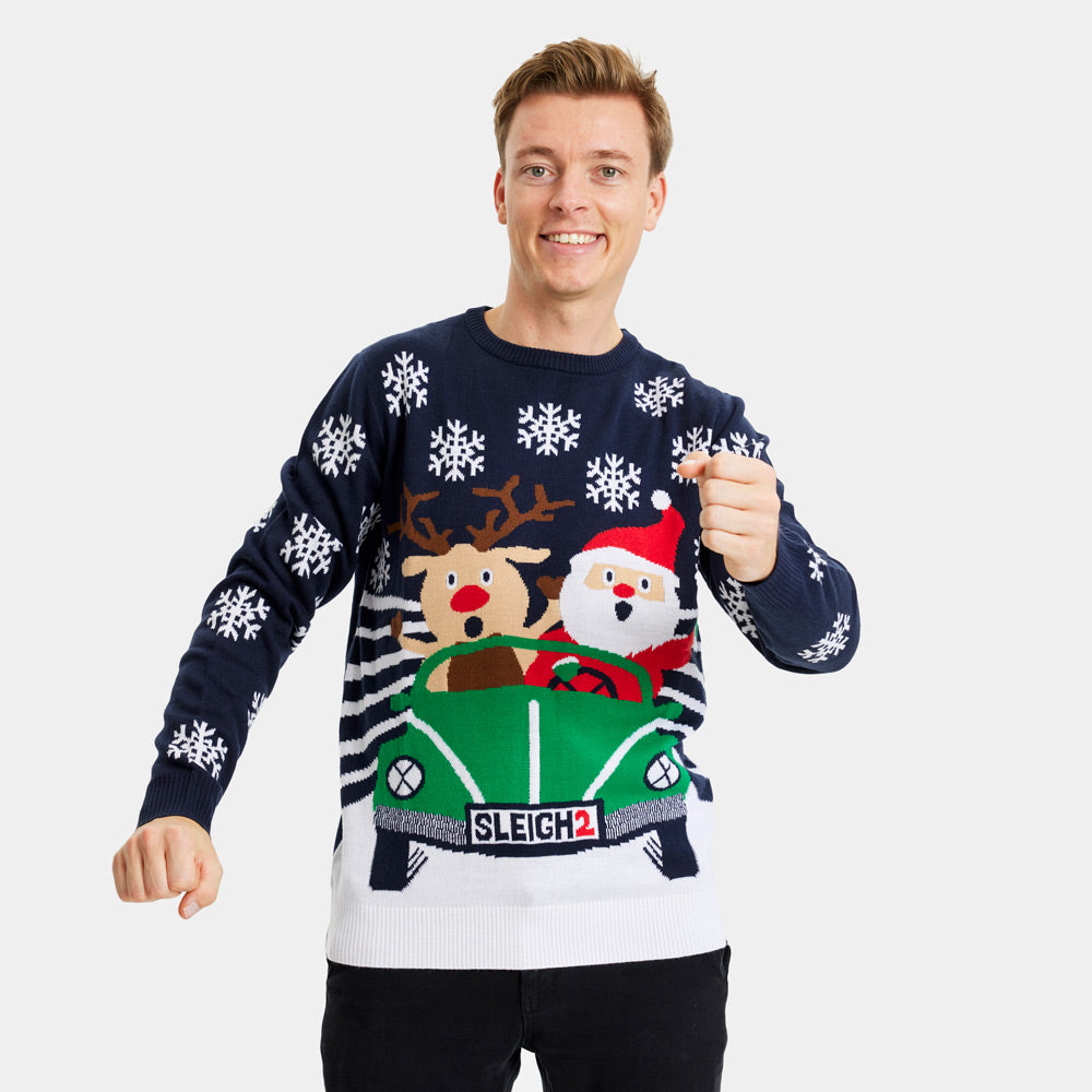 Couple's Christmas Jumper with Santa and Reindeer Driving mens