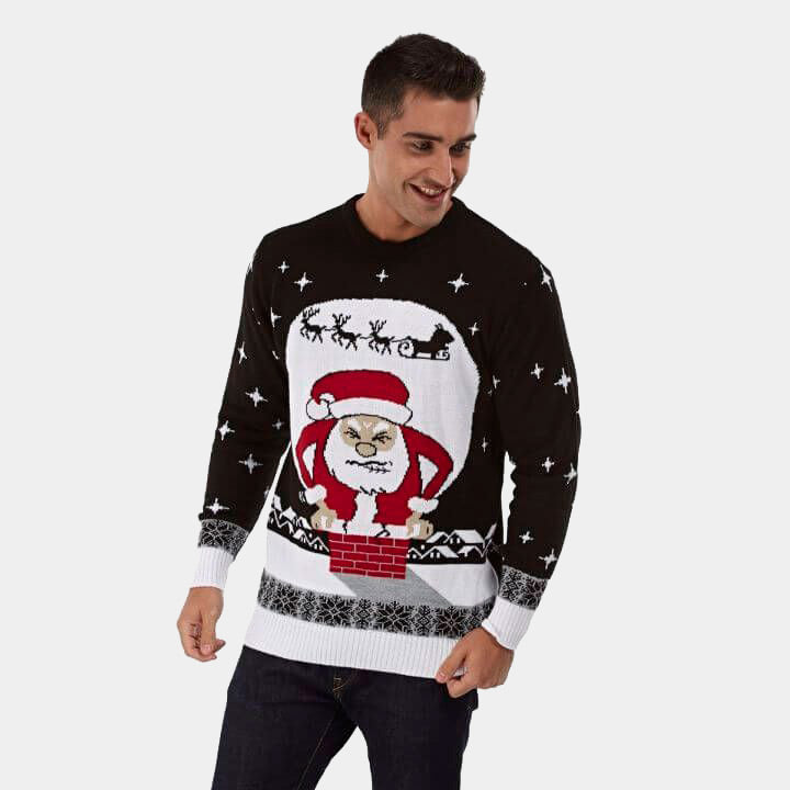 mens Couple's Christmas Jumper with Santa stuck in the Chimney