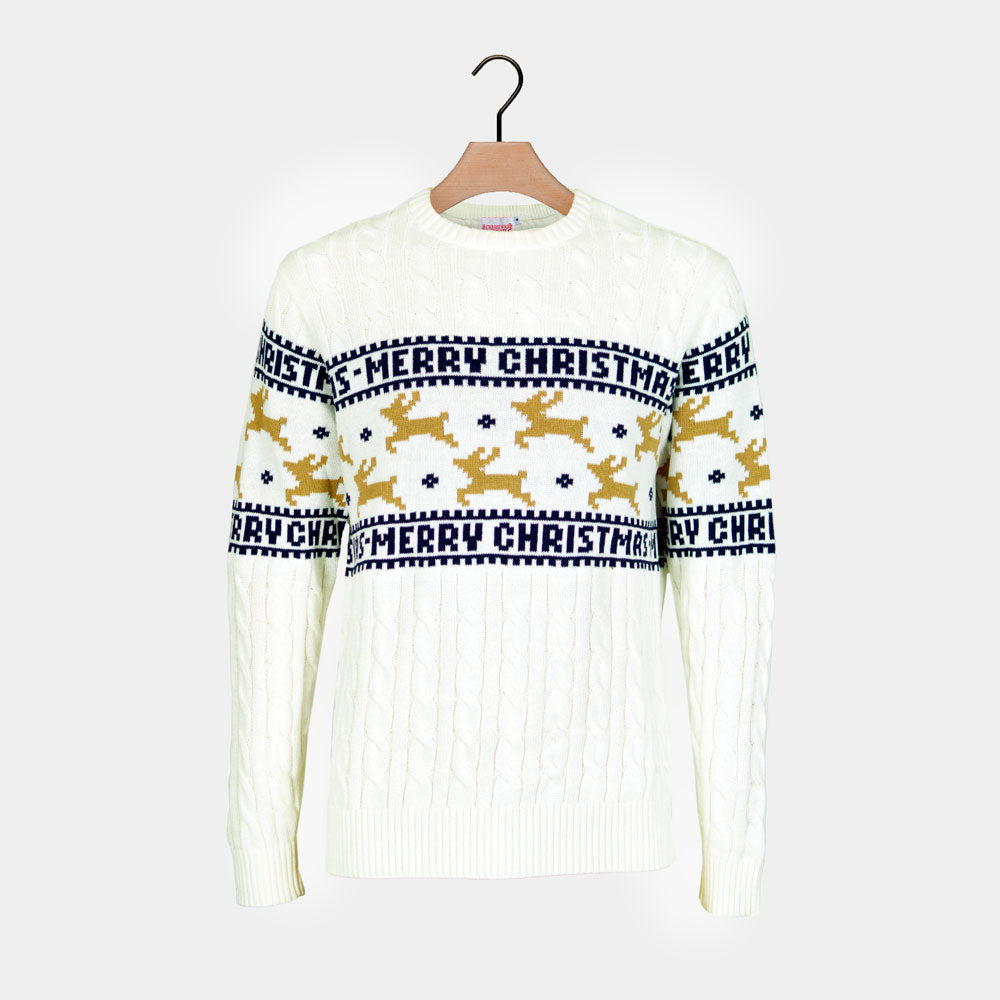 Classy White Organic Cotton Couple's Christmas Jumper Reindeers