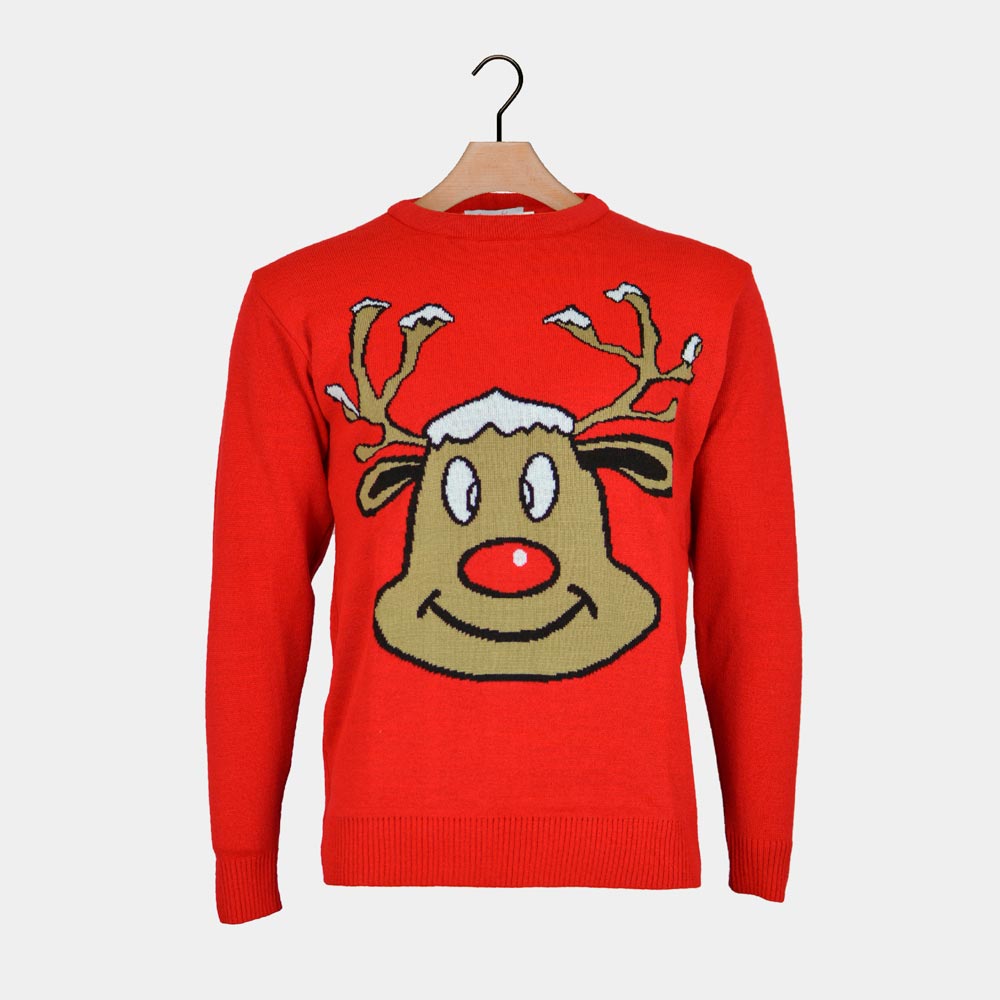 Red Couple's Christmas Jumper with Smiling Reindeer