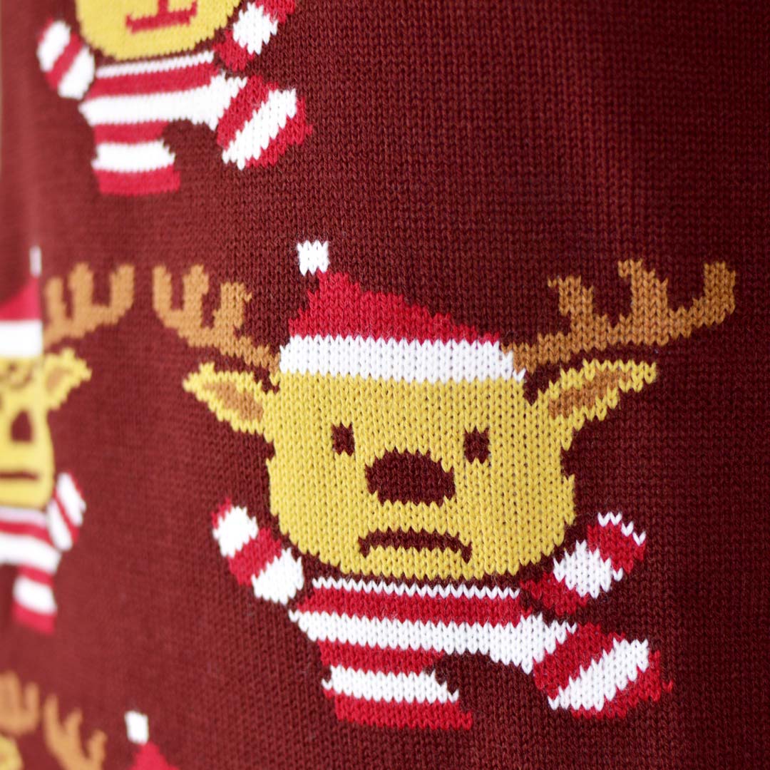 detail Burgundy Couple's Christmas Jumper with Reindeers, Christmas Tree and Star