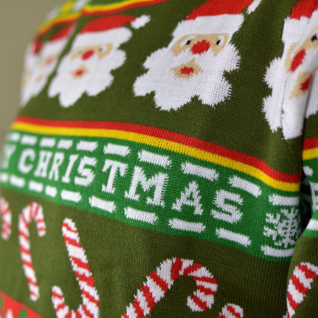 detail Family Green Christmas Jumper with Santa and Gifts