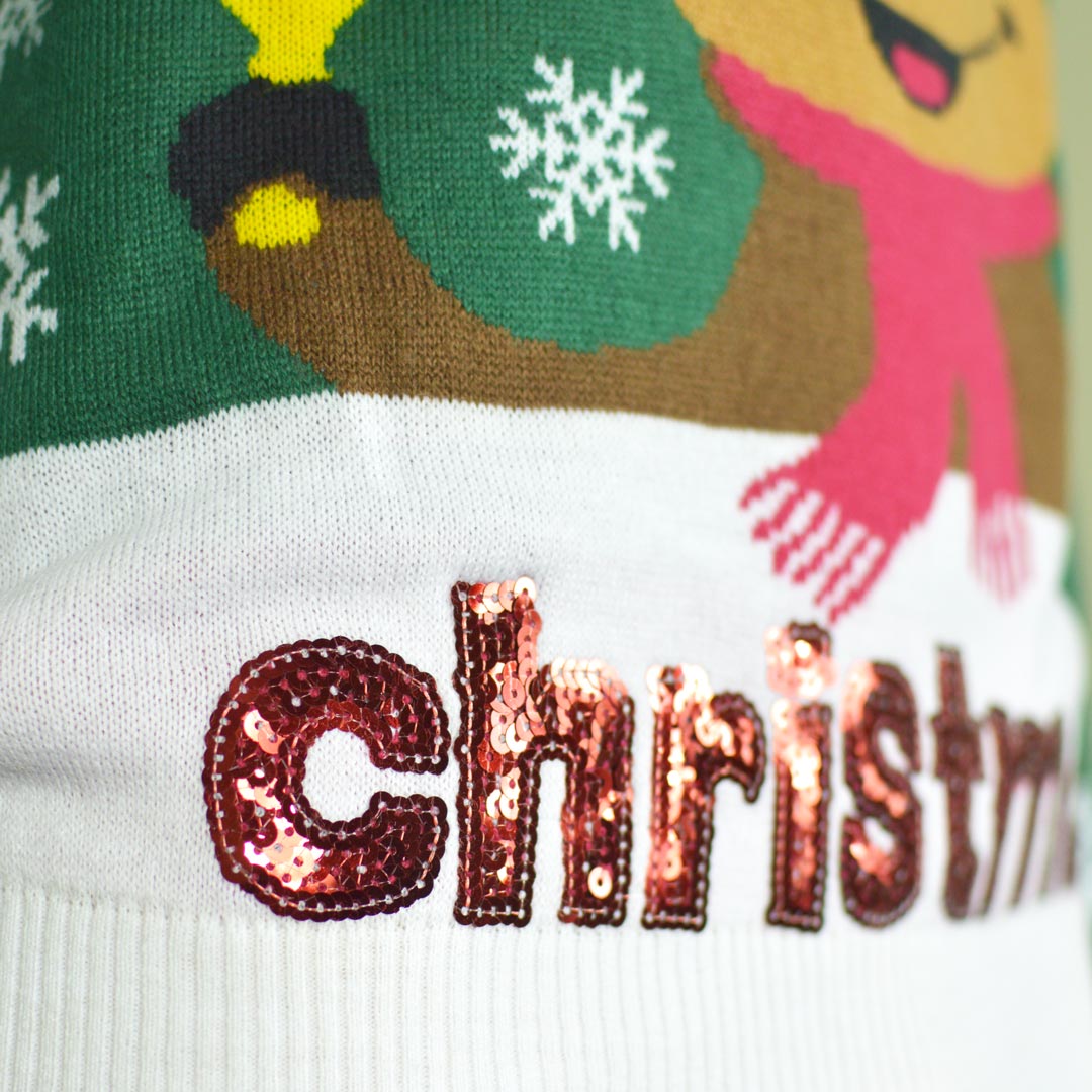 Green Men's Christmas Jumper Holly Jolly with Sequins detail